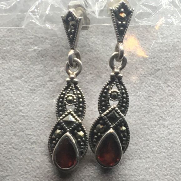 Red Garnet Sterling Silver Marcasite Drop Earrings - Picture 6 of 6
